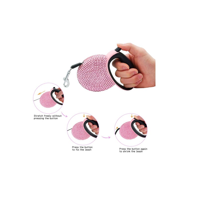 Triumilynn Pink Rhinestone Retractable Dog Leash Bling 10ft, Sparkle Sparkling Pet Cat Leash for Small Breed, Bling Crystal Small Dog Leash Cute, Girl Dog Lead Waste Bags Dispenser Included, 360Â° Tangle-Free - Image 3